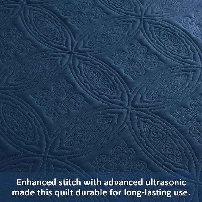 Yiran Navy Blue Quilt Set Queen Size Lightweight Bedspread Embossed Pattern Soft Microfiber Coverlet for All Season with 2 Pillow Shams (96"x90")