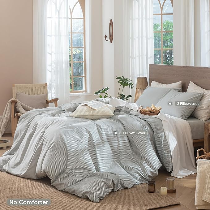 MooMee Striped Duvet Cover Set 100% Washed Cotton Linen Like Textured Breathable Durable Soft Comfy (Heathered Green Pinstripes, Super King 108"x98")