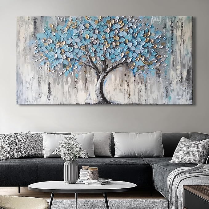 Blue Tree Canvas Wall Art - Modern Botanical Paintings for Living Room, Bedroom Wall Decor, Framed Wall Art for Home or Office Decoration, Large Wall Art 50x100cm(20x40in)