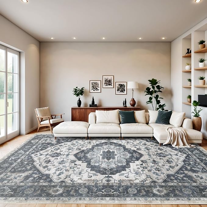 8x10 Vintage Washable Area Rug for Living Room,Low Pile Non Slip Carpet Non-Shedding Large Area Rug Soft Indoor Stain Resistant Rug Floral Print Mat for Bedroom Dining Room Blue Beige