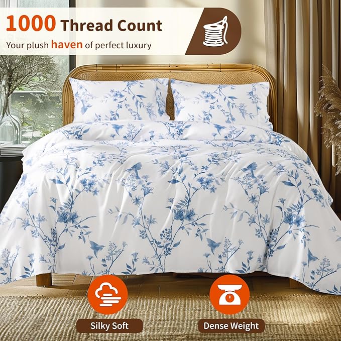 LBRO2M 1000 Thread Count Sheets 100% Egyptian Cotton Bedding Set Floral King Size Sheets 16 Inches Deep Pocket Bedding 4 Piece Sets (King, Blue Bird)