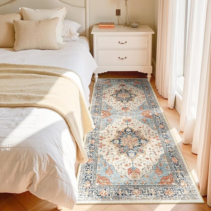Area Rugs 3'x8' Washable Non-Slip, Floral Vintage Distress Print Pattern Medallion Carpet for Living Room Bedroom Dining Room, Beige Navy Blue Orange Colorful
