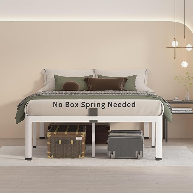 MAF 12 Inch Full Size Metal Platform Bed Frame White with Round Corner Legs, Mattress Slide Stopper, 3000 LBS Heavy Duty Steel Slats Support, Noise Free, No Box Spring Needed, Easy Assembly