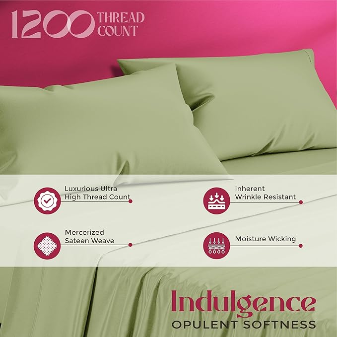 Mayfair Linen 100% Egyptian Cotton Queen Sheet set - Luxury 1200 High Thread Count Egyptian Cotton Sheets Queen Size (4 PC, Sage Green), Silky Soft, Cooling, 17" Deep Pocket Sateen Weave Hotel Bedding