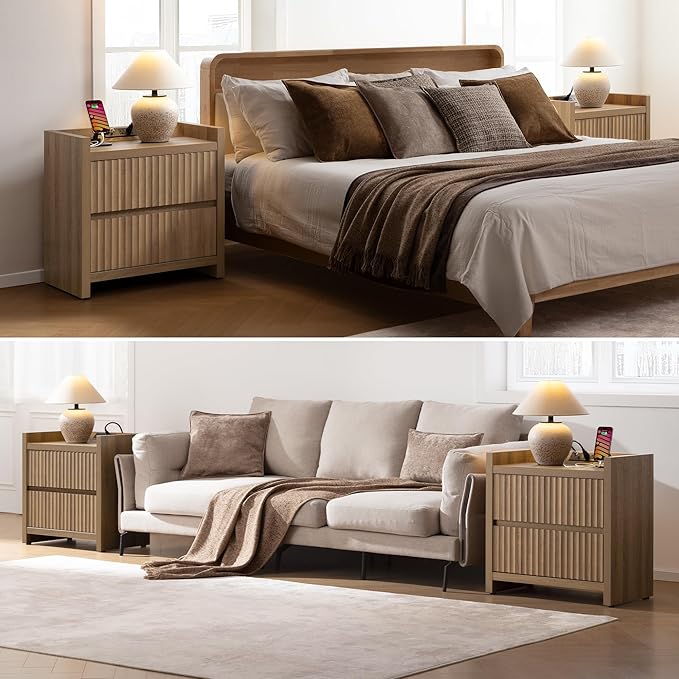 SICOTAS Night Stand Fluted Nightstands with Charging Station- Modern 2 Drawers Nightstand 25" Tall Bedside Table End Table, Large Night Stands for Bedroom, Living Room Sofa Side (Caramel Oak, 1 Piece)