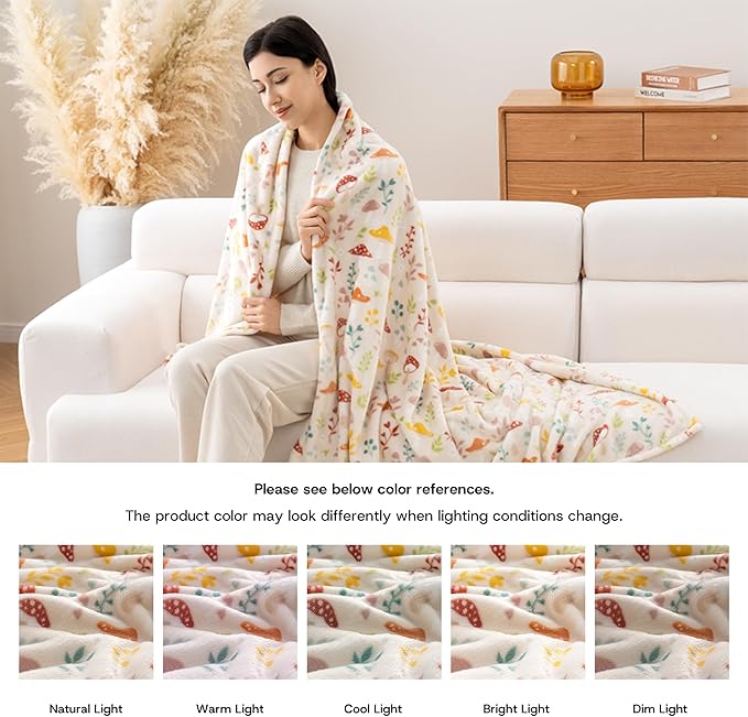 Luxury Printed Fleece Warm Blanket, Soft Lightweight Velvety Plush Throw for Couch and Bed, Cozy Comfy for All Seasons(Cream Various Mushrooms, 90×90 Inches)