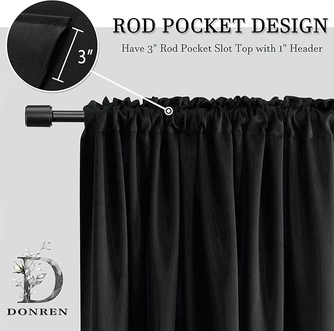 DONREN 48 Inch Length Short Curtains for Kitchen - Small Window Treatment Rod Pocket Blackout Curtain Drapes (1 Pair,Black,52 Inches Wide by 48 Inches Long)