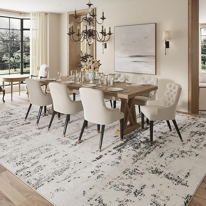 5x7 Area Rug Living Room Rugs - Machine Washable Neutral Abstract Rugs for Dinning Room Indoor Floor Non Silp Rug Carpet for Bedroom Home Office Decor - Black White