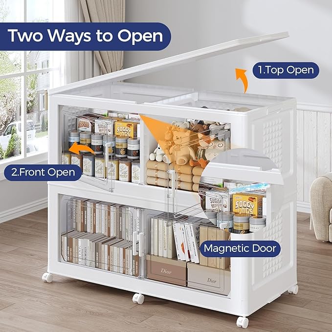 1000 QT Extra Large Stackable Storage Bins with Lid, 250 Gal Collapsible Storage Box with Wheels, Folding Closet Organizers and Storage Cabinet with Doors for Home Kitchen Office, 5Pack White