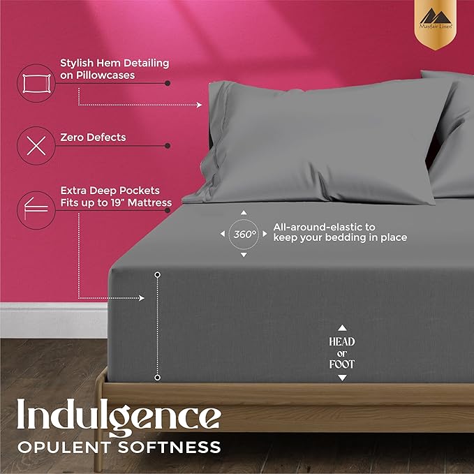 Mayfair Linen 100% Egyptian Cotton Bed Sheets - Luxury 1200 Thread Count Egyptian Cotton Sheets, Soft, Cooling, 17" Deep Pocket Sateen Weave Bedding - 4 PC, Full Dark Grey