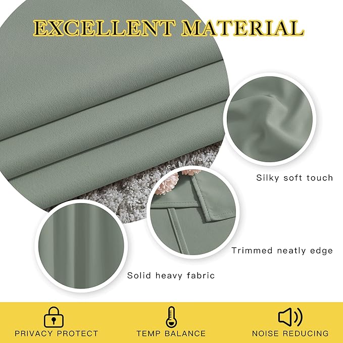 NICETOWN Room Darkening Sage Green Curtains 108 inch Length - Grommet Thermal Insulated Window Treatments Solid Panels for Living Room/Bedroom/Villa, W52 x L108, 1 Pair