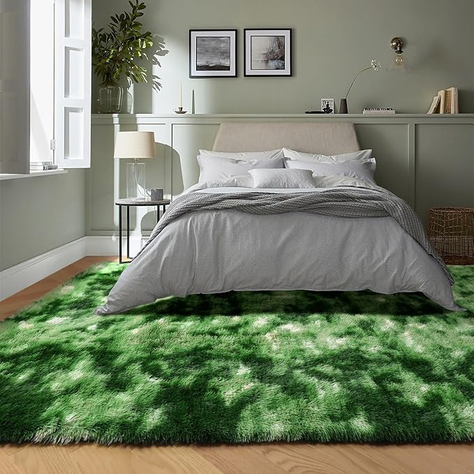 PAGISOFE Area Rugs for Bedroom 4x6, Fluffy Dark Green Rugs for Living Room, Non-Slip Shaggy Carpet for Kids Boys Girls Teen Dorm Nursery Room Decor Aesthetic Modern Abstract Bedside Carpets
