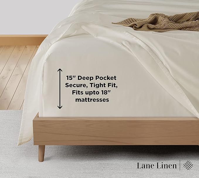 LANE LINEN 100% Cotton Full Size Sheets Set 600 Thread Count, Luxury Hotel Style Sateen Weave for Silky Soft Finish, Machine wash Bedding Sheets & Pillowcase Set, Deep Pocket Full Sheets - Ivory