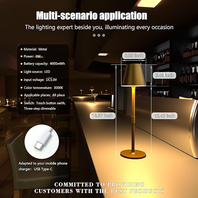 LED CordlessTable Lamp,4000mAh Rechargeable Battery Desk lamp,3 Level Brightness Beside Night Light, Minimalist Design, for Couple Dinner/Coffee Table/Restaurant/Bedroom(Bronze 4PACK)