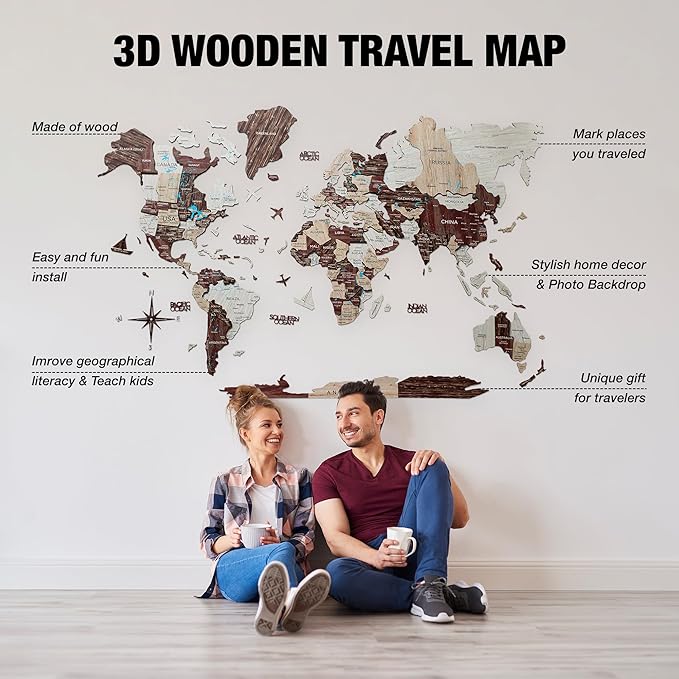 Handmade 3D Wood World Map Wall Art Large Wall Decor Track Your World Travels - Special for Home, Kitchen and Office (Large, Cappuccino)