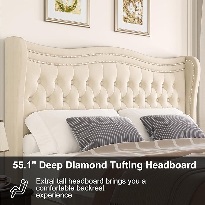 Upholstered King Size Bed Frame with Tall Headboard, Velvet Wingback Platform Bed Frame with Deep Button Tufted, No Box Spring Needed, Noise Free, Beige