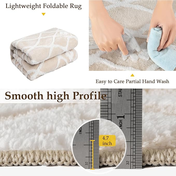 Ivory 8x10 Area Rug Moroccan Shag Living Room Washable Carpet Soft Non Shedding Neutral Boho Plush Pile Modern Large Throw Rug for Office Bedroom Dining Room Playroom