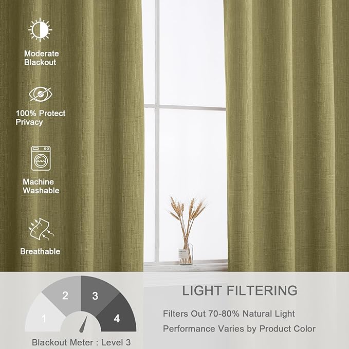 Jacquard Linen Curtains 108 inch Length 2 Panels Thick Faux Linen Blended Window Drapes Burlap Textured Curtains with Grommet for Living Room Bedroom Farmhouse (52x108 Olive Green) Natural