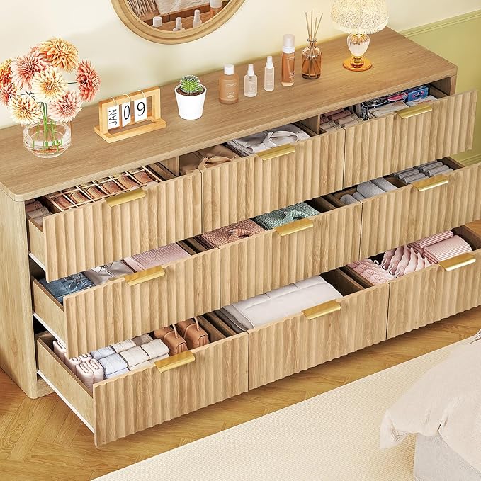TEENFON Fluted Dresser for Bedroom with 9 Drawers, 63" Wide Modern Chest of Drawers with Metal Handle & Curved Profile Design, Wood Closet Clothes Storage Organizer for Living Room, Hallway, Natural
