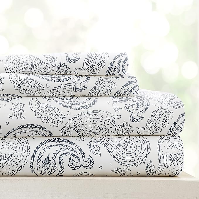 Linen Market Double-Brushed Patterned Microfiber Full Sheet Set 4 Piece – Oeko-TEX Certified Ultra Soft & Wrinkle-Free - 16" Deep Pocket Sheets - Easy Care Full Size - Coarse Paisley Navy