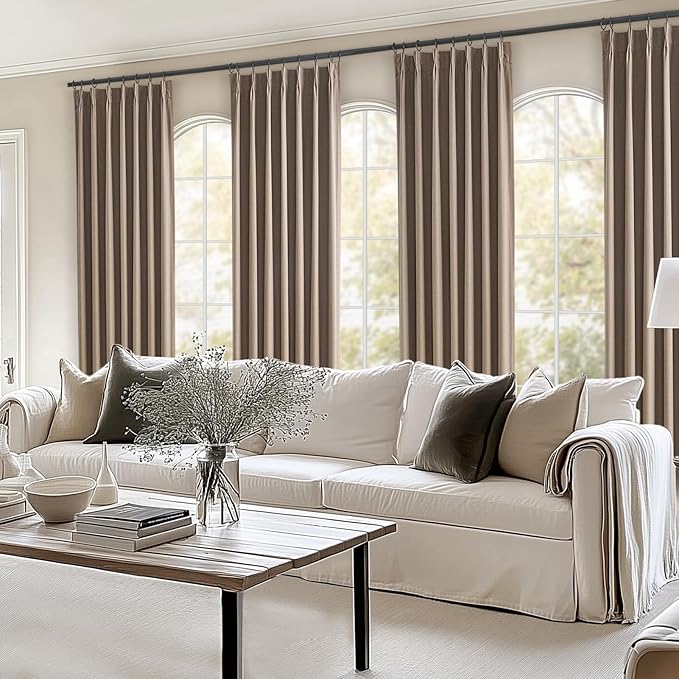 Topfinel Greige 90 Inches Long Blackout Natural Linen Curtains for Bedroom, Chocolate Brown Pinch Pleat Sound Blocking Curtains, Neutral Farmhouse Lined Drapes 2 Panels for Living Room Sliding Door