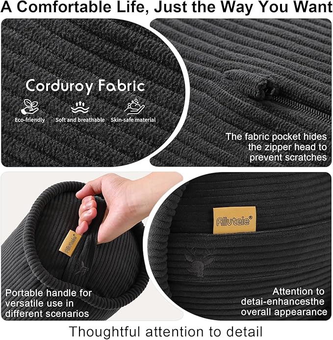 Cuddle Pillow – Corduroy Long Body Pillow for Adults, Cozy Bolster Pillow for Bed, Soft & Supportive for Relaxing Sleep,59 x 7.87 Inches,Lamp Black