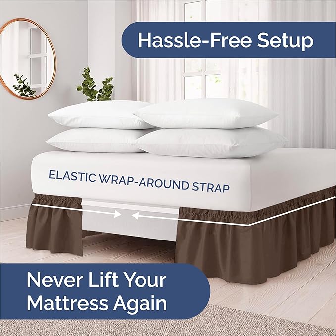 Wrap Around Dust Ruffle Bed Skirt - Brown - Twin/Twin XL Size Beds with 15 Inch Drop - Easy Fit Elastic Strap - Adjustable Pleated Bedskirt w/Brushed Fabric - Wrinkle Free - Women, Men, Kids & Teens