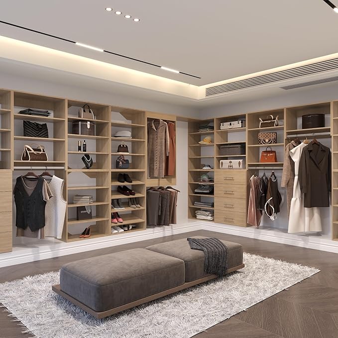 Double Hanging Closet Unit, Modular System Organizer With Storage for Walk-In Closets, Clothing Rack Wardrobe for Hanging Clothes, Bedroom, Wood, 31.5"W