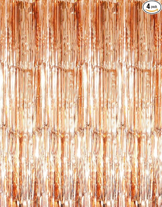 GOER 3.2 ft x 8.2 ft Metallic Tinsel Foil Fringe Curtains Party Photo Backdrop Party Streamers for Birthday,Graduation,New Year Eve Decorations Wedding Decor (4 Packs,Champagne Gold)