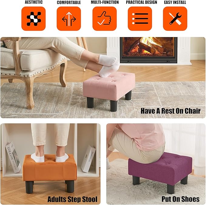 BRIAN & DANY Small Foot Stool, Linen Foot Stools with Legs, Stable Small Footstool for Living Room, Purple