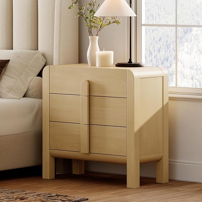 WAMPAT Modern 3-Drawer Nightstand Set of 2, 31.5" Tall Nightstand End Table w/Curved Profile Design,Wooden Bedroom Dresser with Large Chest of Drawers,Bed Side Table for Bedroom,Living Room, Oak