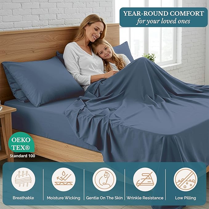 Casa Platino Bedding Sheets & Pillowcases, Pre-Washed Sheet Full Size, Fade Resisitant Cozy Full Size Sheets, 100% Hydro-Brushed Microfiber, Full Sheet fits up to 15 inch Mattress- Estate Blue