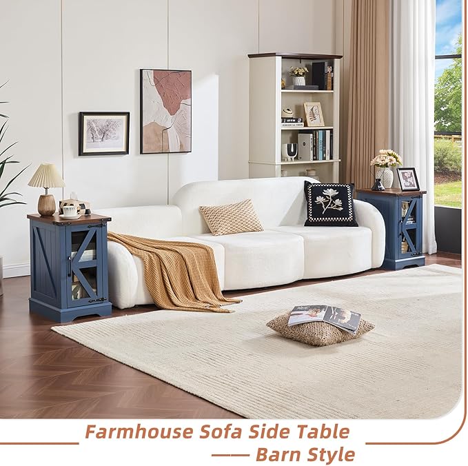 Farmhouse End Table Set 3, Narrow 18'' Night Stand with Glass Barn Door, 24" Square Side Table with Charger Station, Living Room Furniture Sets, Wood Nightstand Bedside Tables for Bedroom