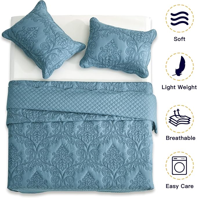 CHIXIN Bedspread Coverlet Quilt Set Full Size - Lightweight Bedding Cover - Beautiful Stitching - 5 Piece Reversible Bedspread - Luxury Damask Paisley Pattern (Full, Lagoon)