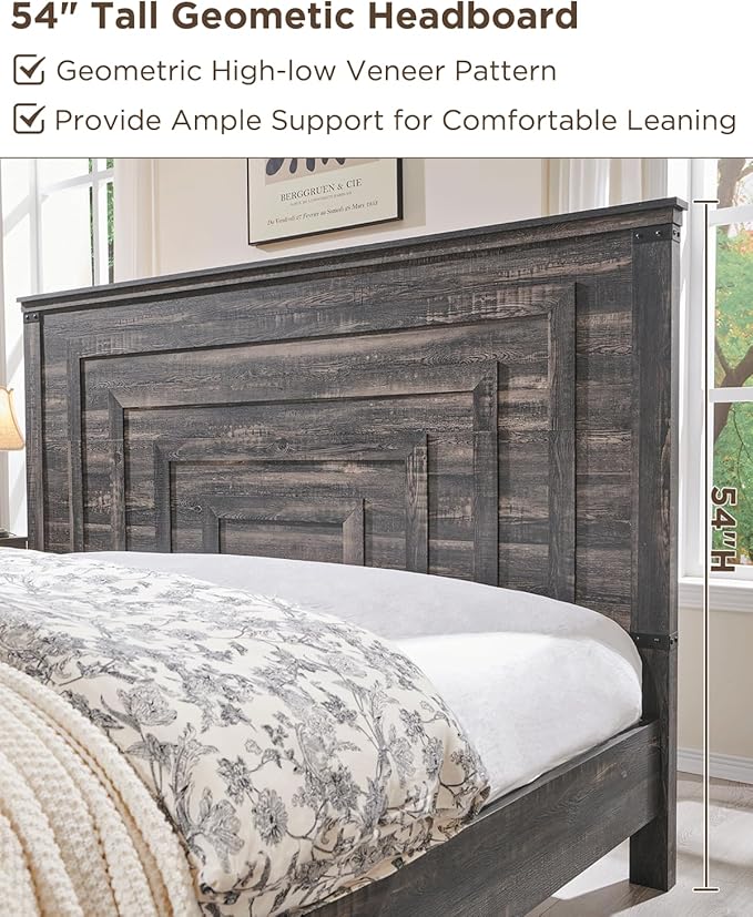 T4TREAM Farmhouse King Size Bed Frame with 54" Tall Geometric Headboard & 2 Large Storage Drawers, Rustic Wood Platform Bed with Wood Slats Support, No Box Spring Needed, Dark Rustic Oak