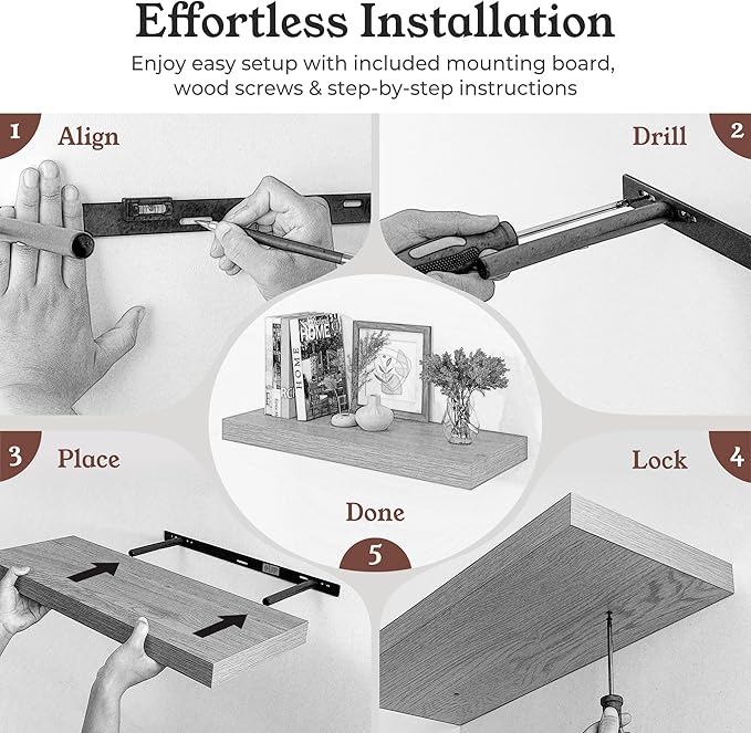 Floating Shelves for Wall, 7.9" Deep Wall Mounted Wood Shelves for Bathroom, Bedroom, Living Room, Kitchen, Hanging Shelf for Books/Storage/Room Decor (Walnut, 16")