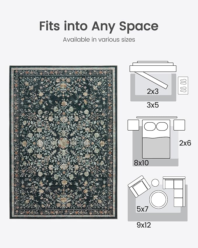 AMADA HOMEFURNISHING Area Rugs 9x12, Washable Floral Rug Non Slip Large Living Room Rug Vintage Distressed Soft Carpet for Bedroom, Dinning Room, Home Office