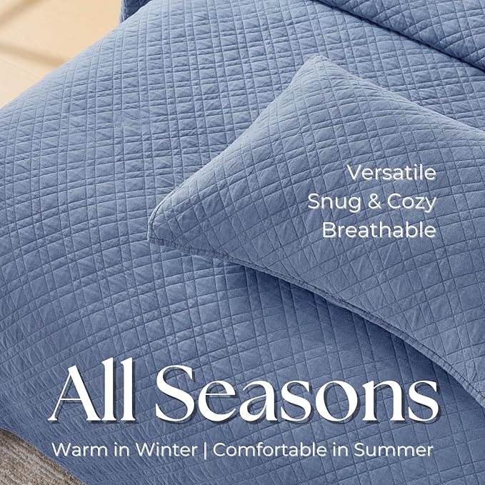 DOWN HOME Twin Quilt Set with Sham Lightweight Quilted Bedspread Coverlet Thin Comforter Bed Cover Vintage Washed Quilted Blanket for All Season, Brushed Microfiber Diamond Stitching, Blue, 66"x92"