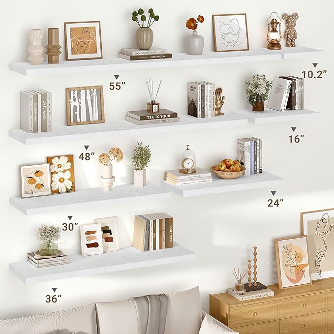 Vivelove 10 in Deep Floating Shelves for Wall, 36" x 10.2" x 1.5" Shelves for Room Wall Mounted, 1.5 Inch Thick Shelf for Bathroom Bedroom Kitchen Book Room, Modern Farmhouse Decor, Set of 2, White