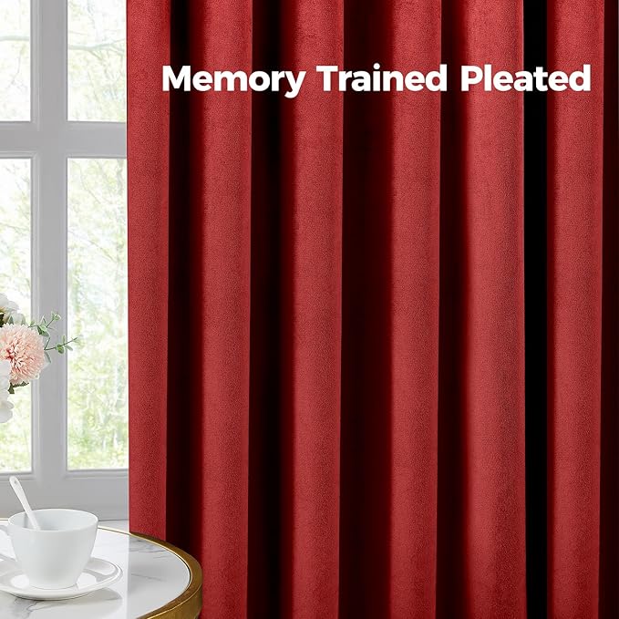 Pinch Pleated 100% Blackout Curtains for Bedroom, Red Velvet Curtains for Living Room, Black Out Curtain 84 inch Long Room Darkening, Blackout Pinch Pleat Drapes with Hooks 2 Panels