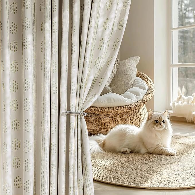 100% Boho Blackout Curtains 72 Inches Long for Bedroom, Green on Beige Patterned Bohemian Curtains for Living Room, Geometric Striped Thermal Insulated Window Drapes Gromment Top 2 Panels