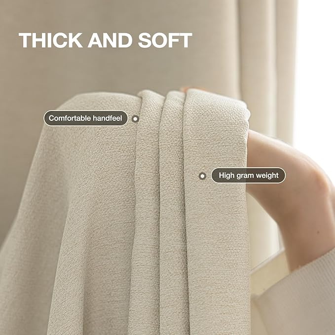 Blackout Curtains 102 inch Length 2 Panels for Living Room, Linen-Look Textured Room Darkening Thermal Insulated Noise Reduction Farmhouse Drapes for Bedroom (W52xL102, Cream)