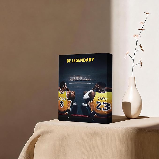 Kobe Bryant and LeBron James Canvas Wall Art Print Poster, Be Legendary Inspirational Sports Picture Artwork, Motivational Mamba Mentality Wall Decor for Home Office Gym Living Room, Framed 16x20inch
