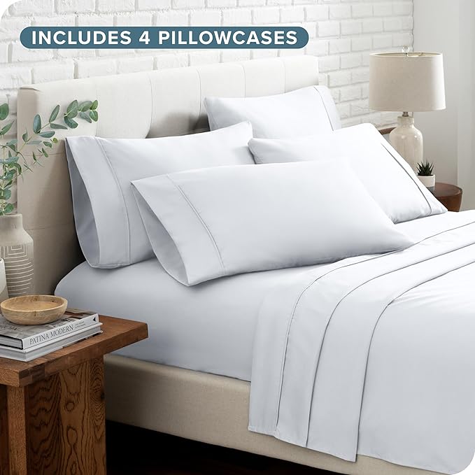 Bare Home Hotel Luxury Split California King Sheet Set, Extra Soft, Deep Pockets, Easy Fit, Cooling & Breathable, Wrinkle, Fade, Stain Resistant, Includes 4 Pillowcases (Split Cal King, White)