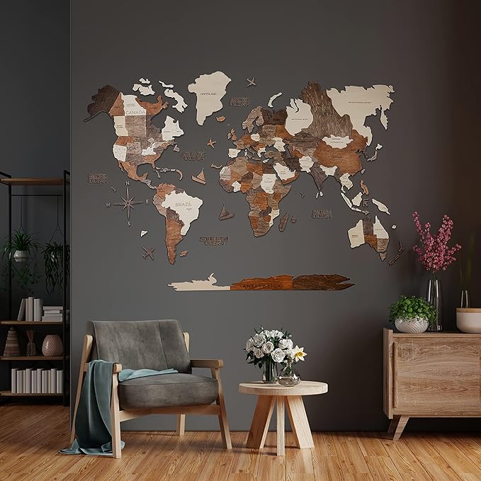 Handmade 3D Wood World Map Wall Art Large Wall Decor Track Your World Travels - Special for Home, Kitchen and Office (Medium, Multicolor)