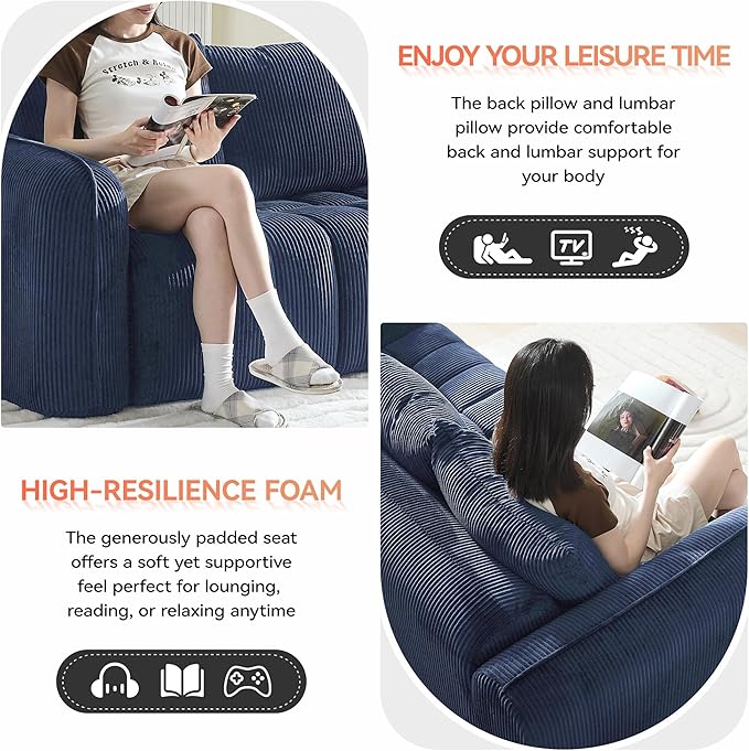 66'' Boneless Corduroy Loveseat Sofa, 2 Seater Tufted Deep Seat Couch with Rounded Armrest, Upholstered Cloud Couch for Living Room, Bedroom, No Assembly, Navy