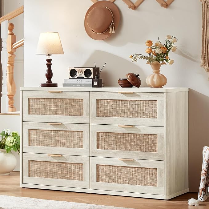 LEYAOYAO Rattan Dresser and Nightstand Set of 2, Boho Wood Dresser for Bedroom with 6 Drawers and Night Stand with 3 Drawer, Bedroom Furniture, Dressers & Chests of Drawers, Living Room, Hallway