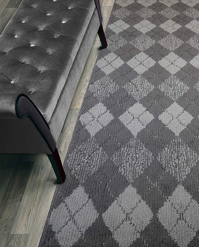 Custom Length Hallway Runner Rug,Slip Resistant,Squares Anthracite, 26 Inch X 24 feet, Sold and Priced Per Foot