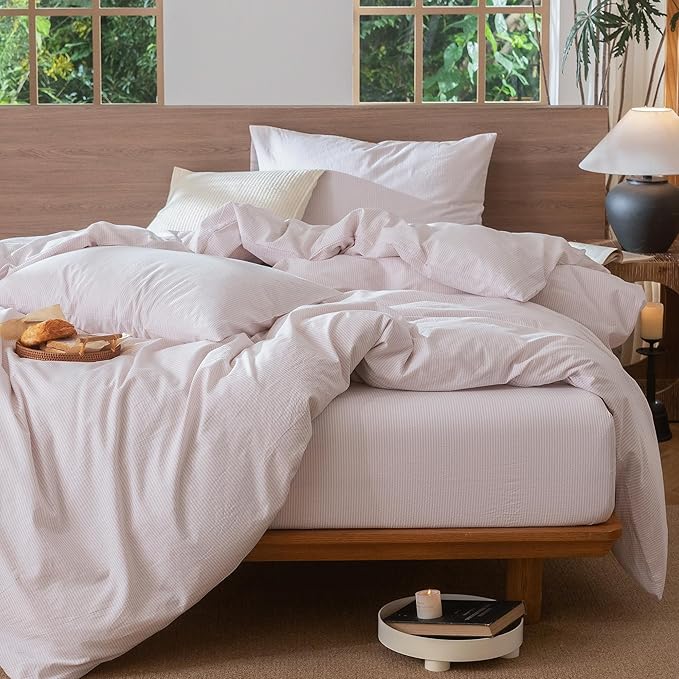 MooMee Striped Duvet Cover Set 100% Washed Cotton Linen Like Textured Breathable Durable Soft Comfy (Heathered Greyish Pink Pinstripes, Queen 90"x90")