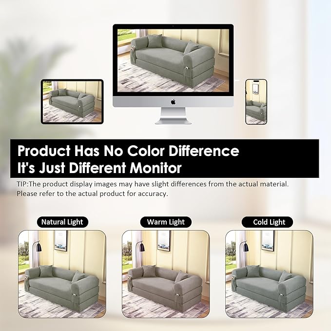80" Convertible Sofa Bed, No Assembly Modern Boneless Compression Sofa in Box, 3-in-1 Corduroy Folding Pull Out Couch with Pillows, Floor Couch with Side Storage Pocket for Living Room,Light Grey